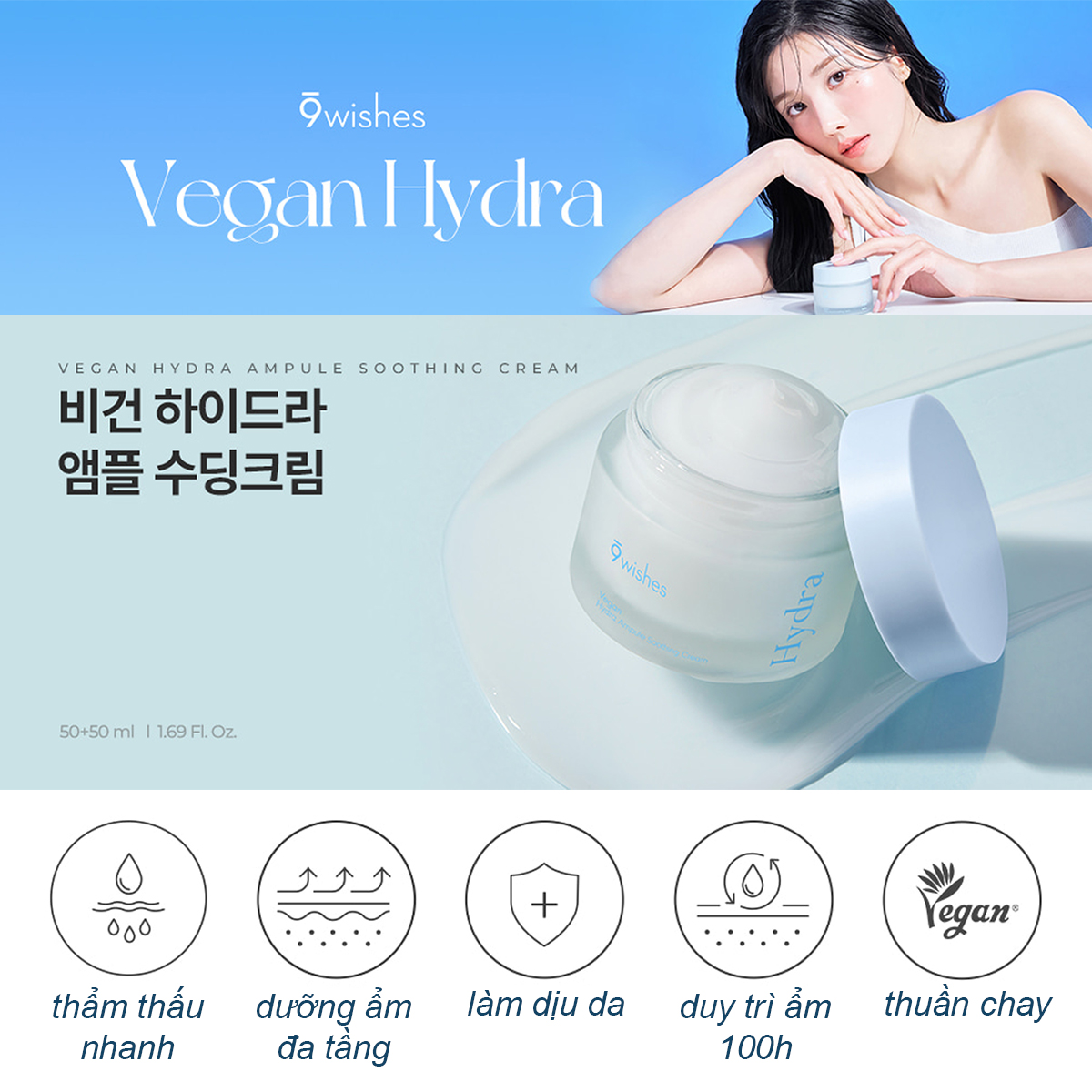 Kem dưỡng ẩm mỏng mịn làm dịu 9wishes vegan hydra ampoule soothing cream 50ml+50ml