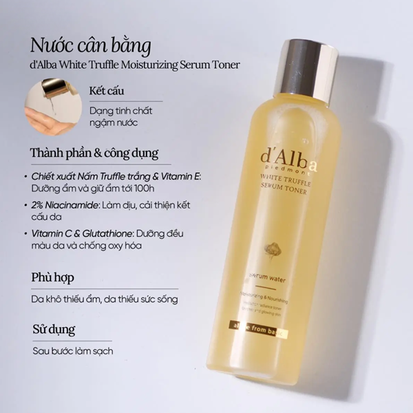 Nước hoa hồng dạng tinh chất dưỡng trắng da mờ thâm nám D'Alba White Serum Toner 180ml