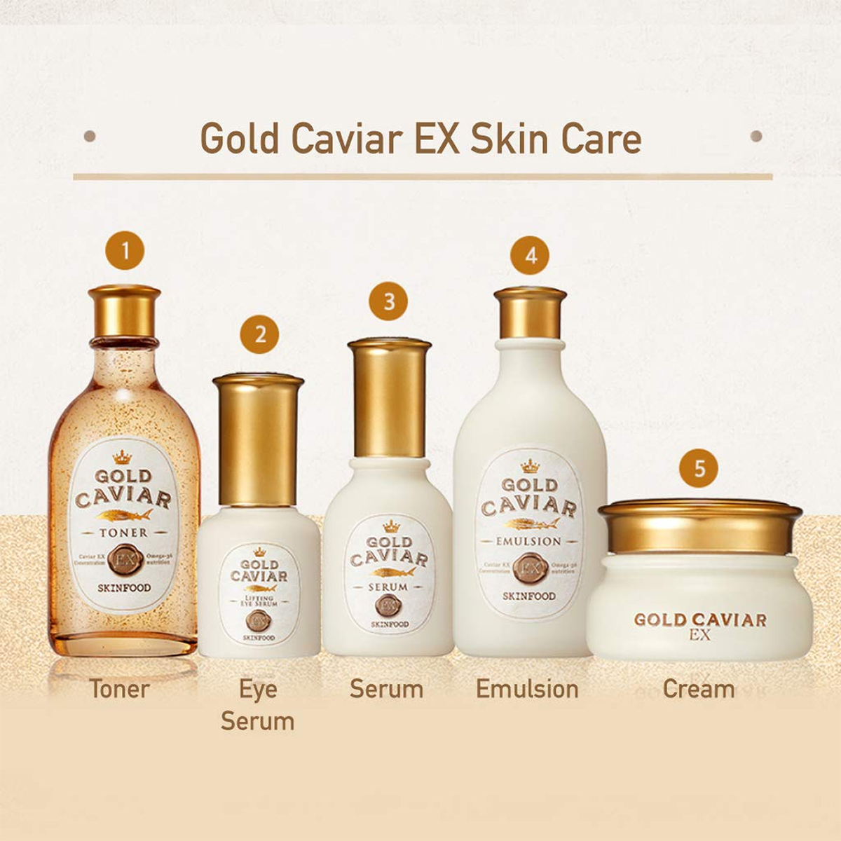 Bộ dưỡng da mềm mịn từ trứng cá tầm Skinfood cao cấp Gold Caviar EX 5 món