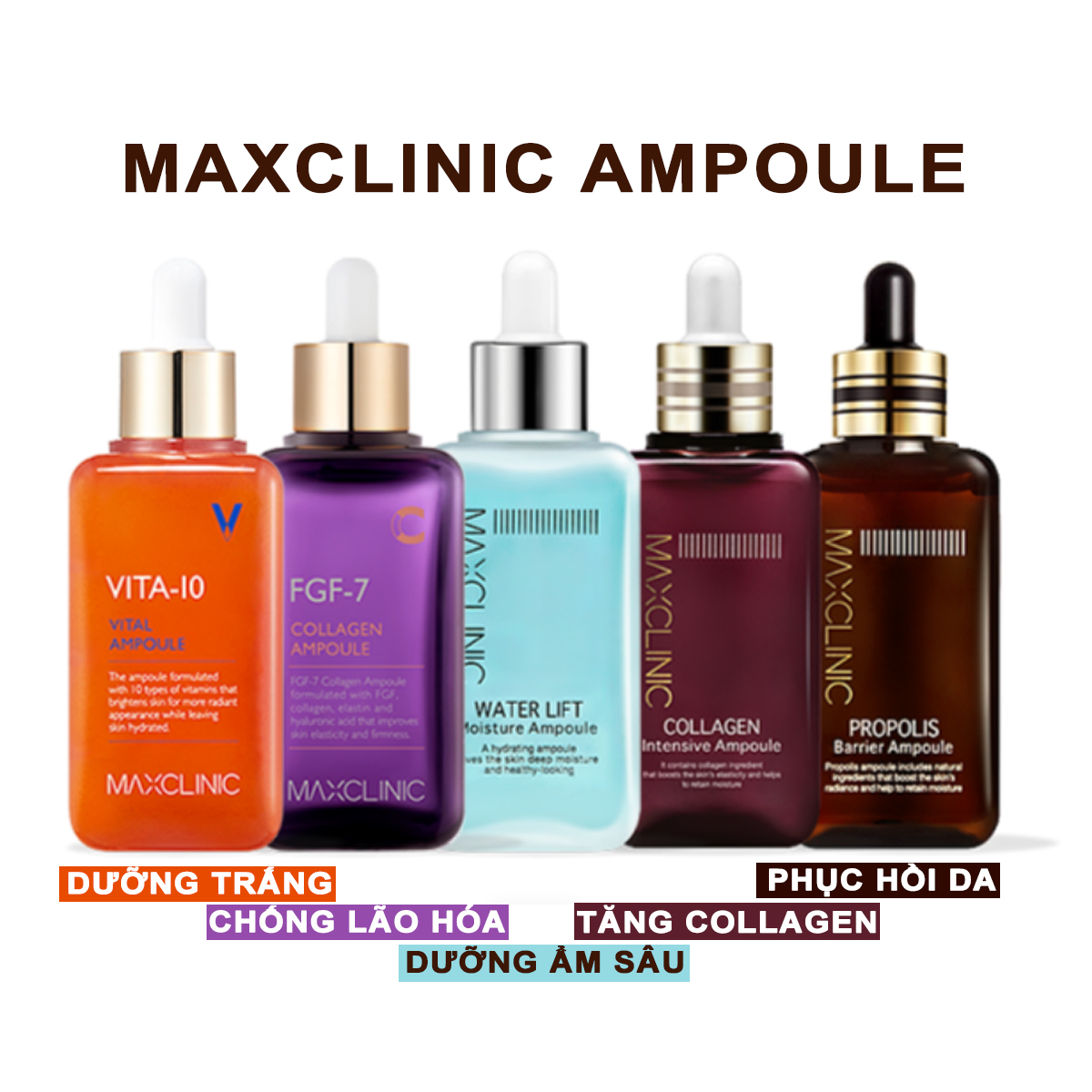 Dòng serum chống lão hóa xóa nhăn chống nắng dưỡng ẩm phục hồi da Maxclinic ampoule 100ml