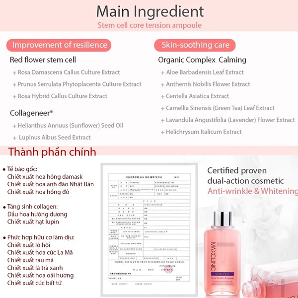 Serum tế bào gốc trẻ hóa da phục hồi da tăng đàn hồi da Stem Cell Maxclinic Ampoule 100ml