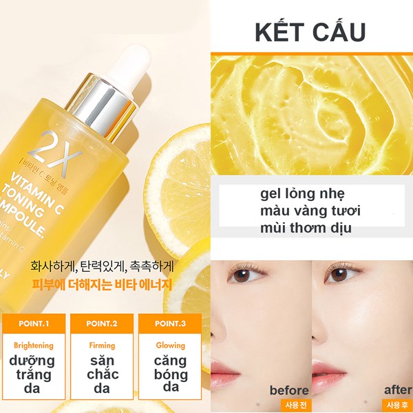 Serum dưỡng trắng căng bóng da Tonymoly 2X Vitamin C Toning Ampoule 50ml