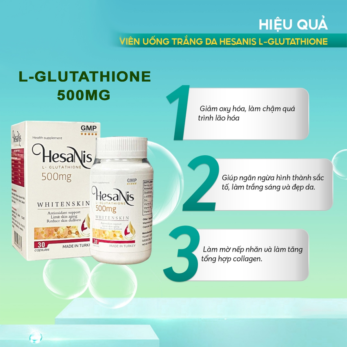 Viên uống trắng da Hesanis 30 viên Thổ Nhĩ Kỳ hiệu quả cao sau 1 tháng